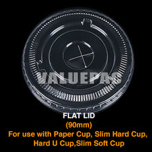Load image into Gallery viewer, Valupac PET Plastic Flat Lid for Slim Hard Cup 90mm, Slim Hard U Cup 90mm, Slim Soft Cup 90mm, Paper Cup 90mm